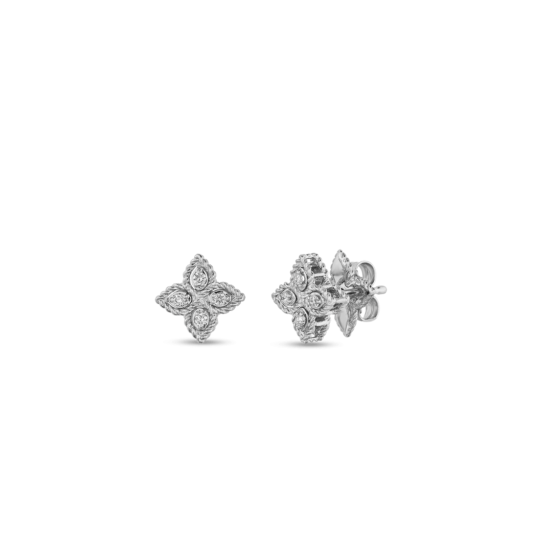 18K White Gold Princess Flower Small Diamond Stud Earrings