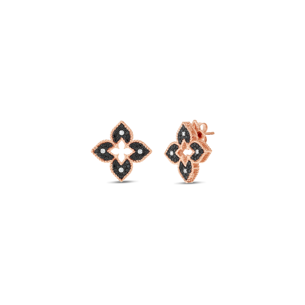 18K Rose Gold Petite Venetian Princess Black & White Diamond Flower Stud Earrings