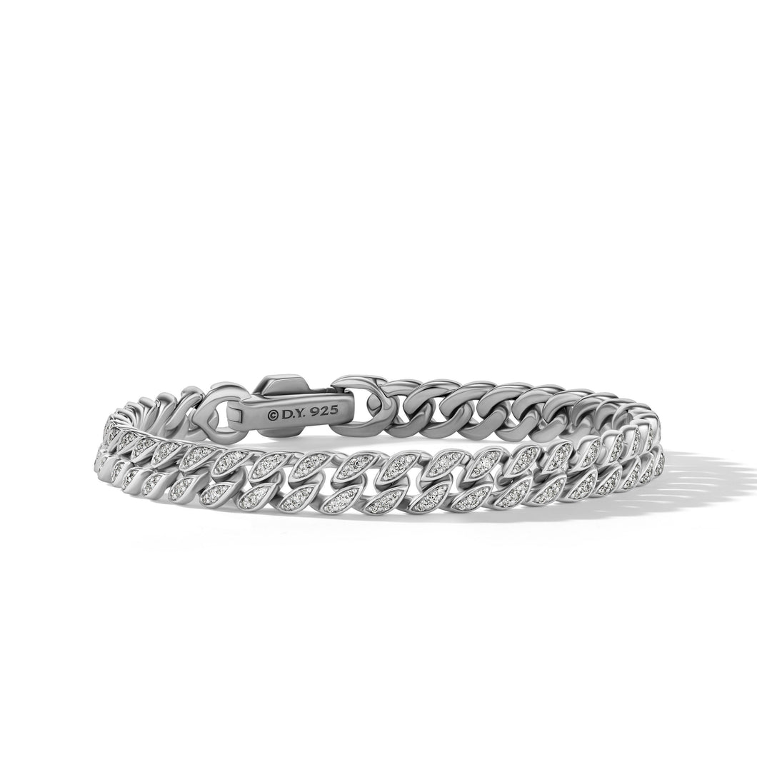 Curb Chain Bracelet in Sterling Silver with Diamonds, 7mm