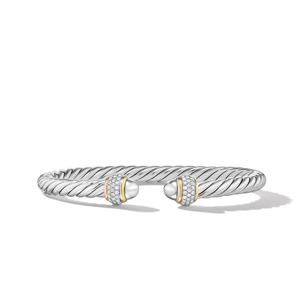 Cable Bracelet in Sterling Silver with 18K Yellow Gold and Diamonds, 5mm