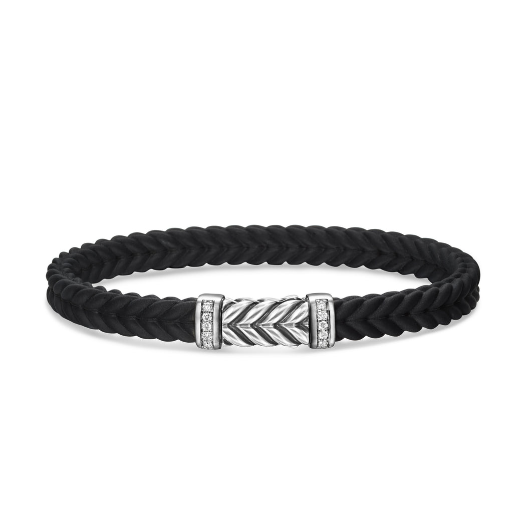 Chevron Bracelet in Black Rubber with Diamonds and Sterling Silver, 6mm