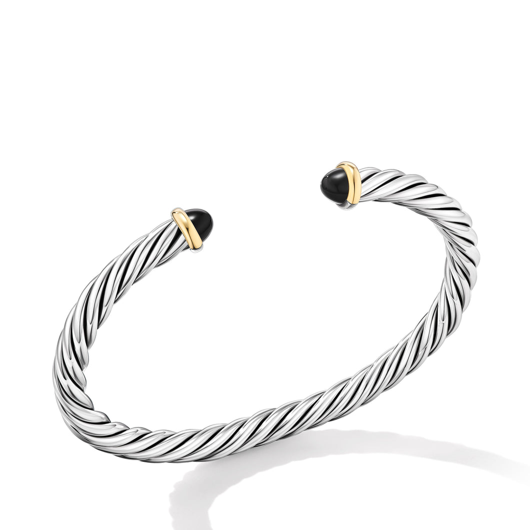 Cable Cuff Bracelet in Sterling Silver with 14K Yellow Gold and Black Onyx, 6mm