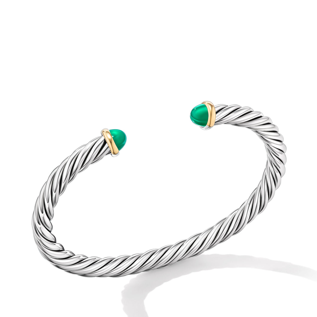 Cable Cuff Bracelet in Sterling Silver with 14K Yellow Gold and Green Onyx, 6mm