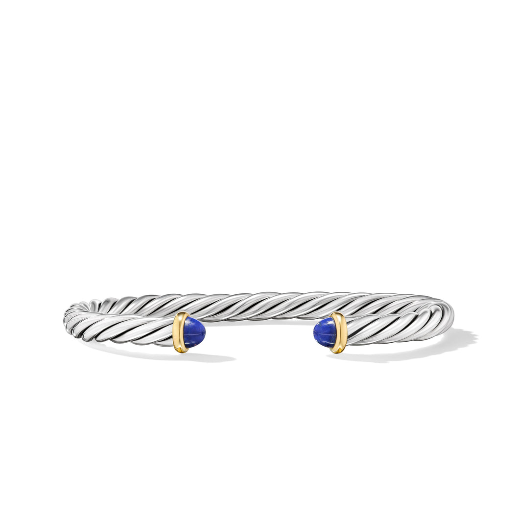 Cable Cuff Bracelet in Sterling Silver with 14K Yellow Gold and Lapis, 6mm