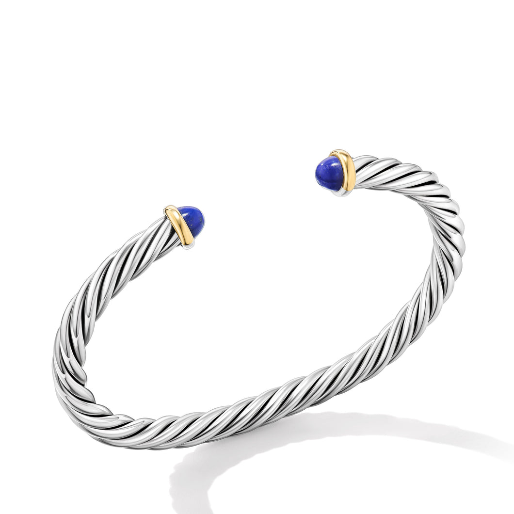 Cable Cuff Bracelet in Sterling Silver with 14K Yellow Gold and Lapis, 6mm