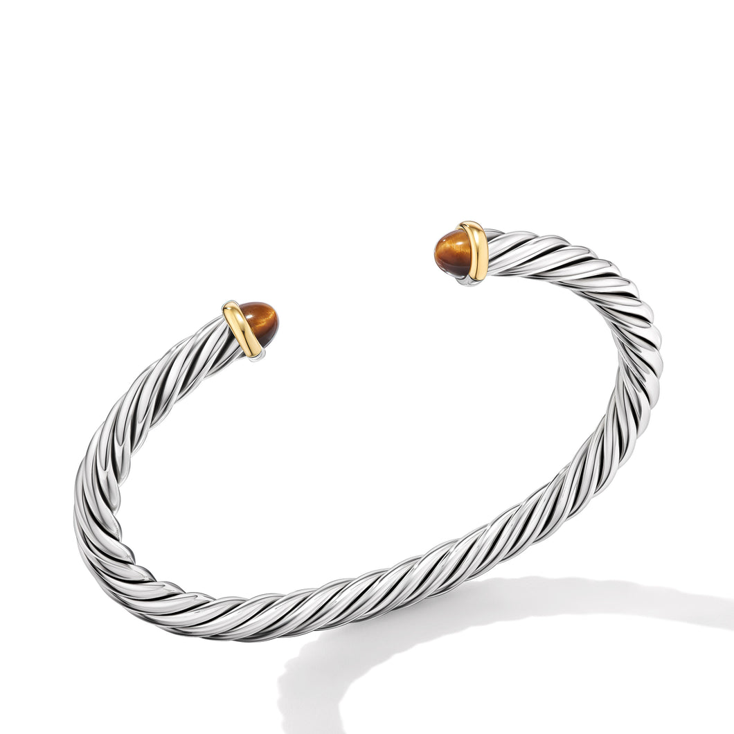 Cable Cuff Bracelet in Sterling Silver with 14K Yellow Gold and Tiger's Eye, 6mm