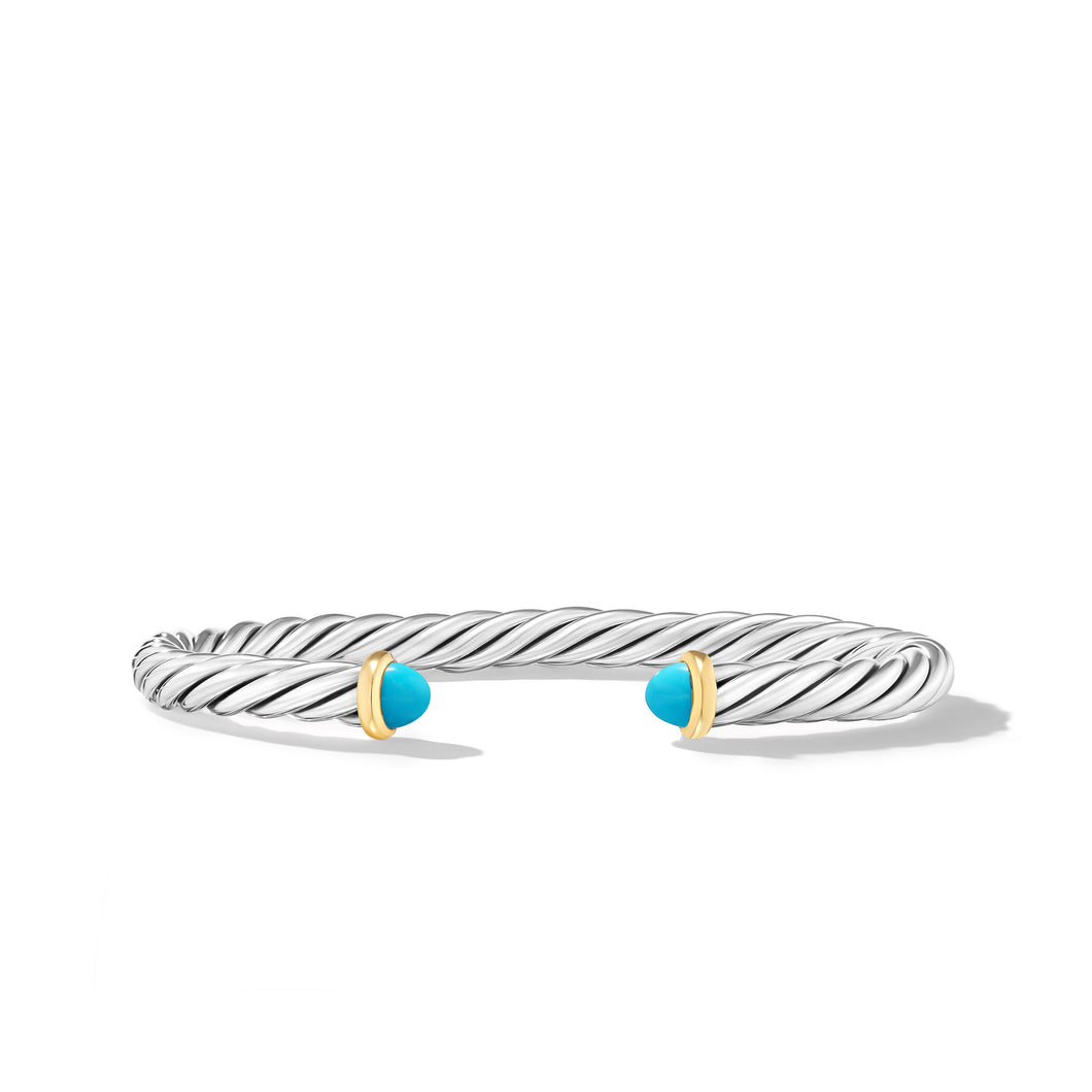 Cable Cuff Bracelet in Sterling Silver with 14K Yellow Gold and Turquoise, 6mm