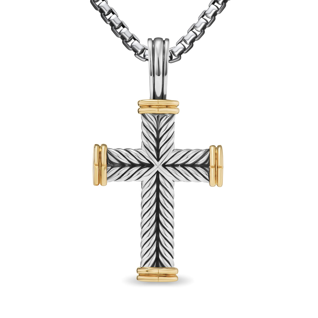 Chevron Cross Pendant in Sterling Silver with 18K Yellow Gold, 33mm