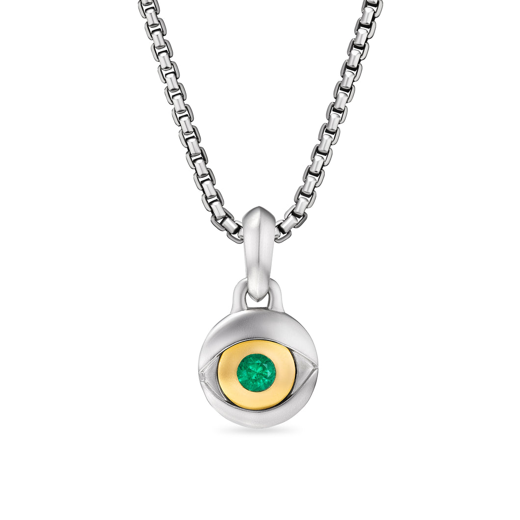 Evil Eye Amulet in Sterling Silver with 18K Yellow Gold and Emerald, 14.5mm