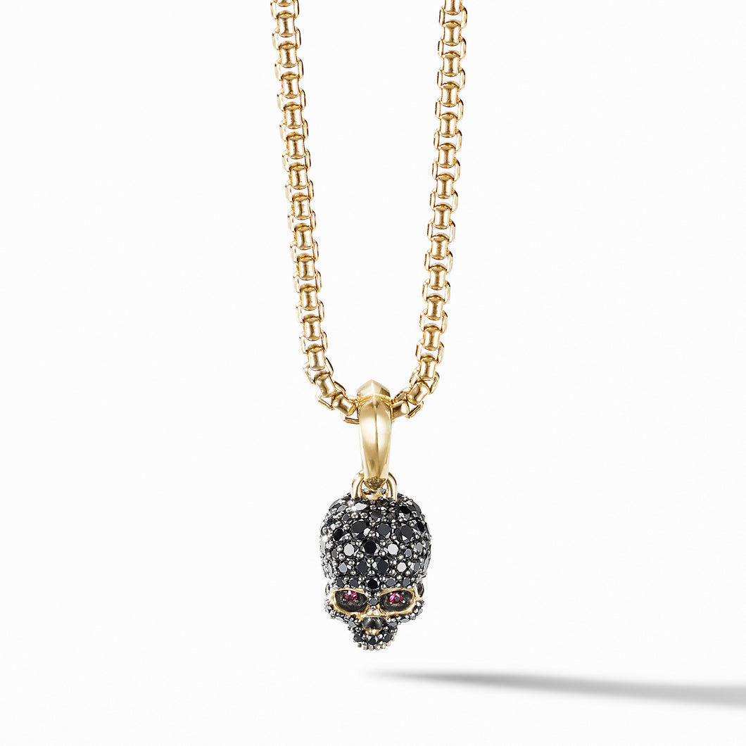 Memento Mori Skull Amulet with Full Pave© Black Diamonds, Rubies and 18K Yellow Gold