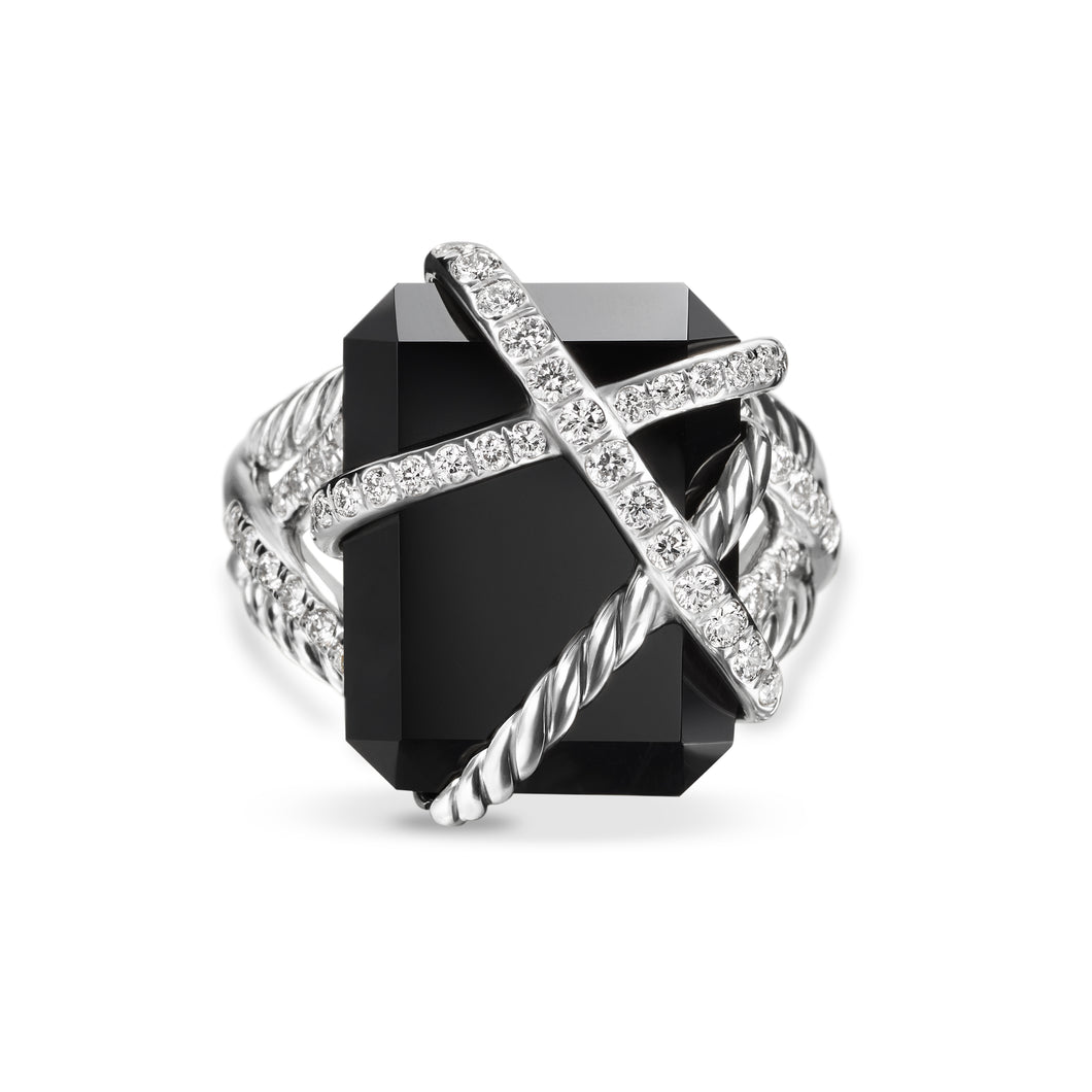 Cable Wrap Ring in Sterling Silver with Black Onyx and Diamonds, 20.4mm