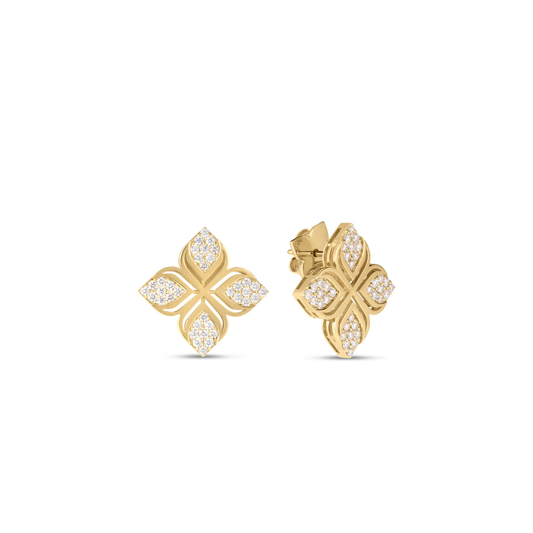 18K Yellow Gold Arabesque Pave Diamond Flower Earrings