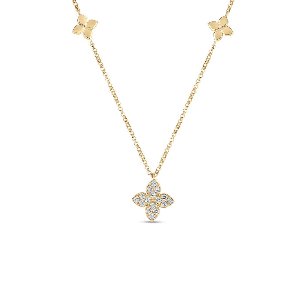 18K Yellow Gold Love By The Inch Diamond & Polished Flower Station Necklace