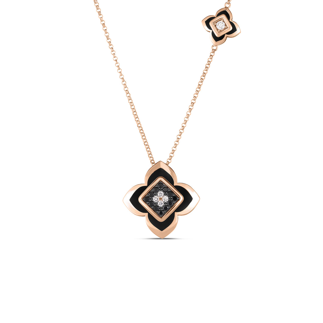 18K Rose Gold Palazzo Ducale Carnevale Black Diamond, Black Enamel, & White Diamond Flower Necklace