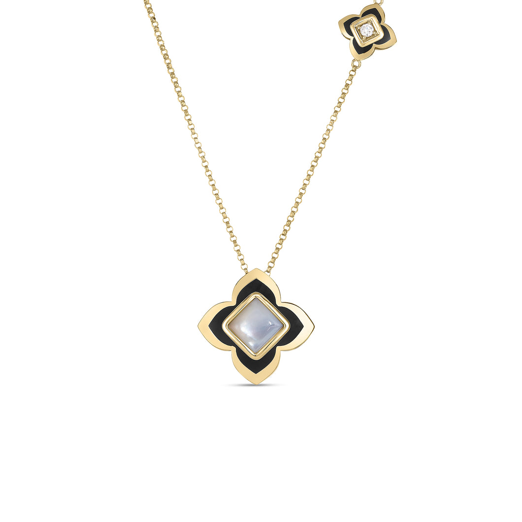 18K Yellow Gold Palazzo Ducale Carnevale Black Enamel, Diamond, & Mother Of Pearl Flower Necklace