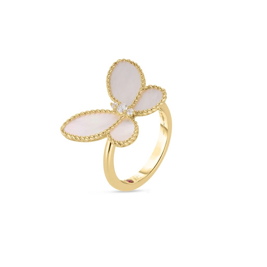 18K Yellow Gold Jasmine Diamond & Mother Of Pearl Butterfly Ring