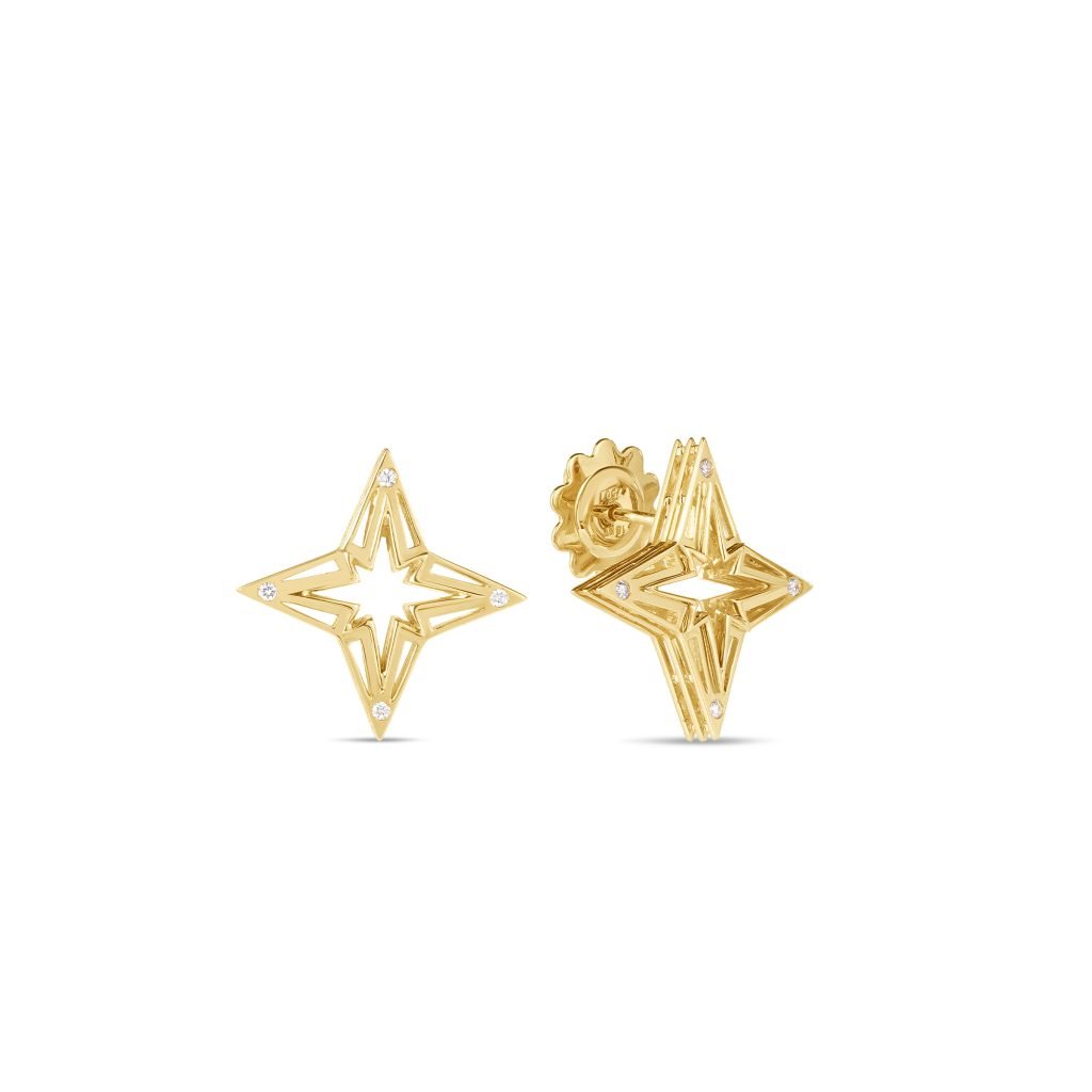 18K Yellow Gold Stardust Small Open Frame Diamond Star Stud Earrings