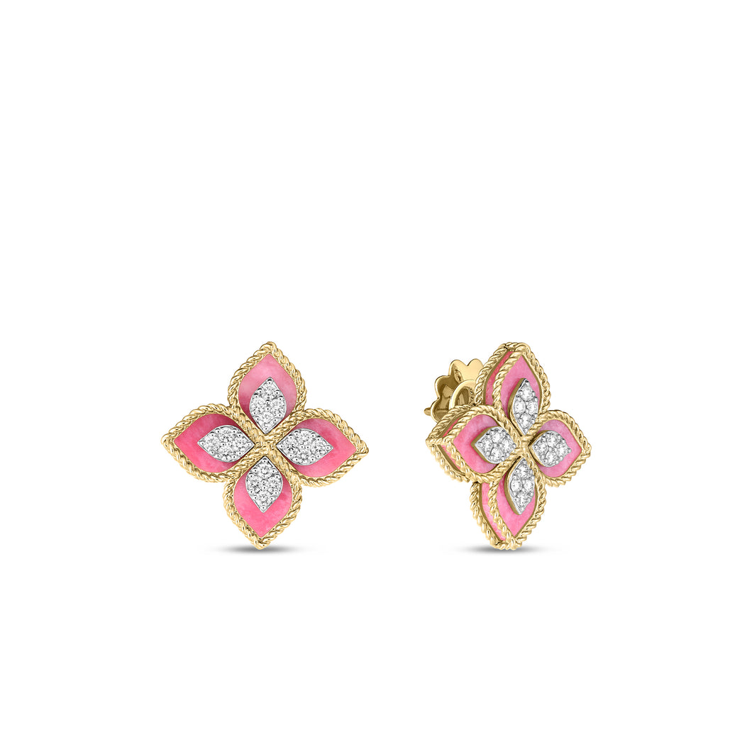 18K Yellow Gold Venetian Princess Diamond & Rhodonite Flower Stud Earrings