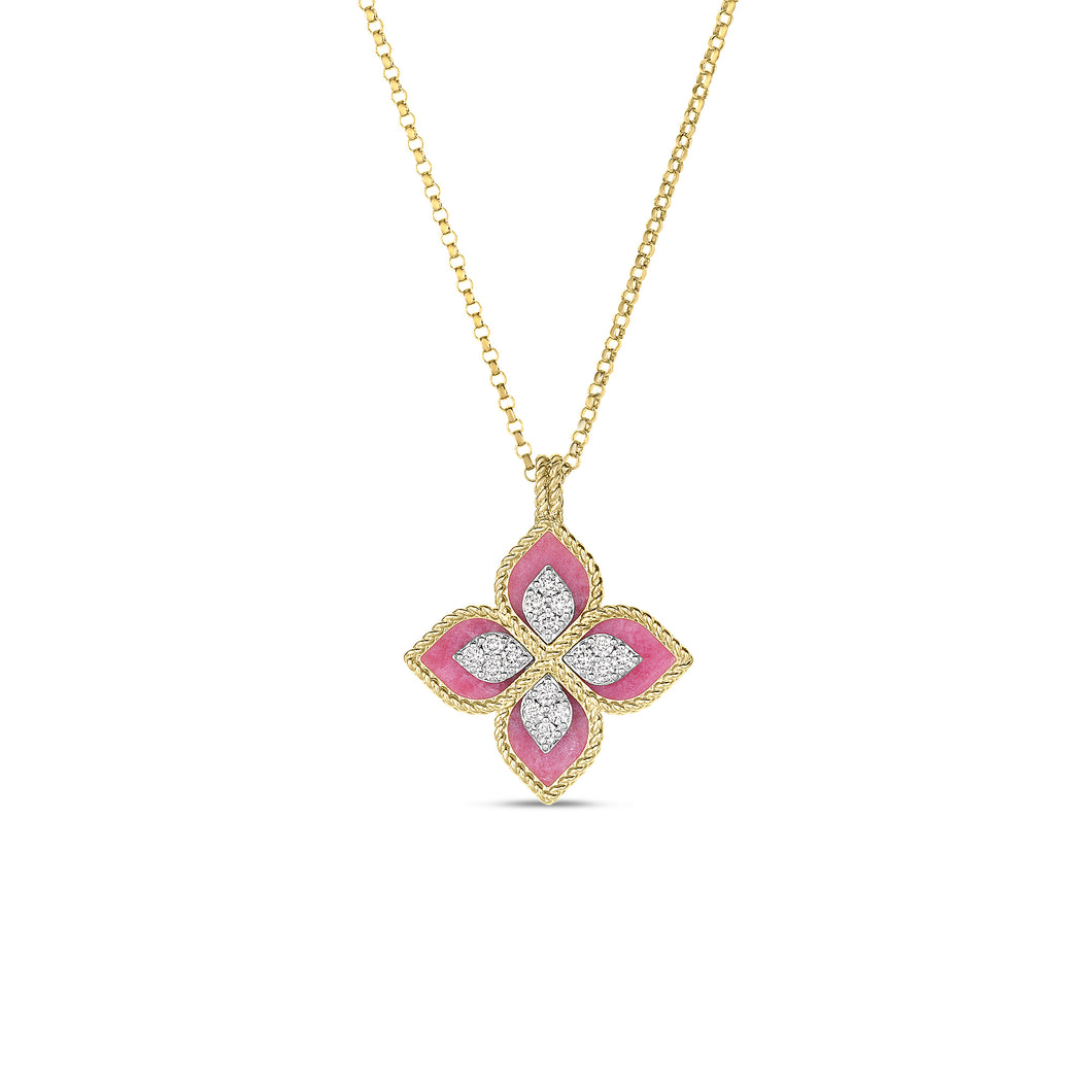 18K Yellow Gold Venetian Princess Diamond & Rhodonite Flower Necklace