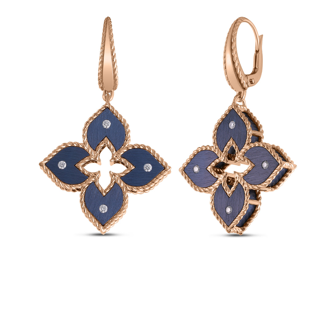 18K Rose Gold Venetian Princess Small Blue Titanium And Diamond Flower Dangle Earrings