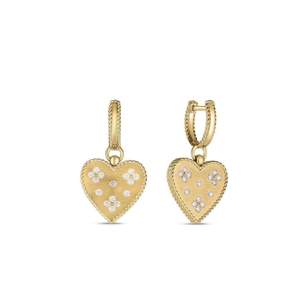 18K Yellow Gold Venetian Princess Medium Heart Medallion Dangle Earrings