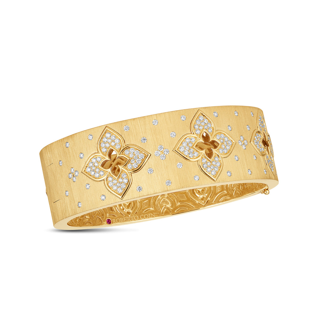 18K Yellow Gold Venetian Princess Wide Diamond & Satin Finish Bangle