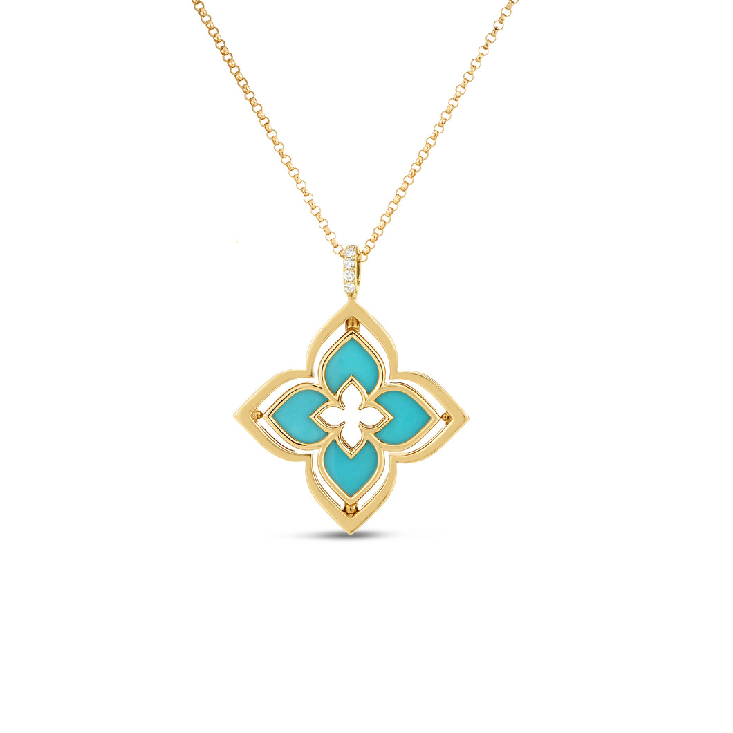 18K Yellow Gold Venetian Princess Pirouette Diamond & Turquoise Flower Necklace