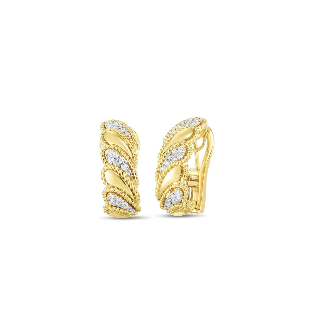 18k Yellow Gold Diamond Byzantine Barocco Polished Leaf Earring