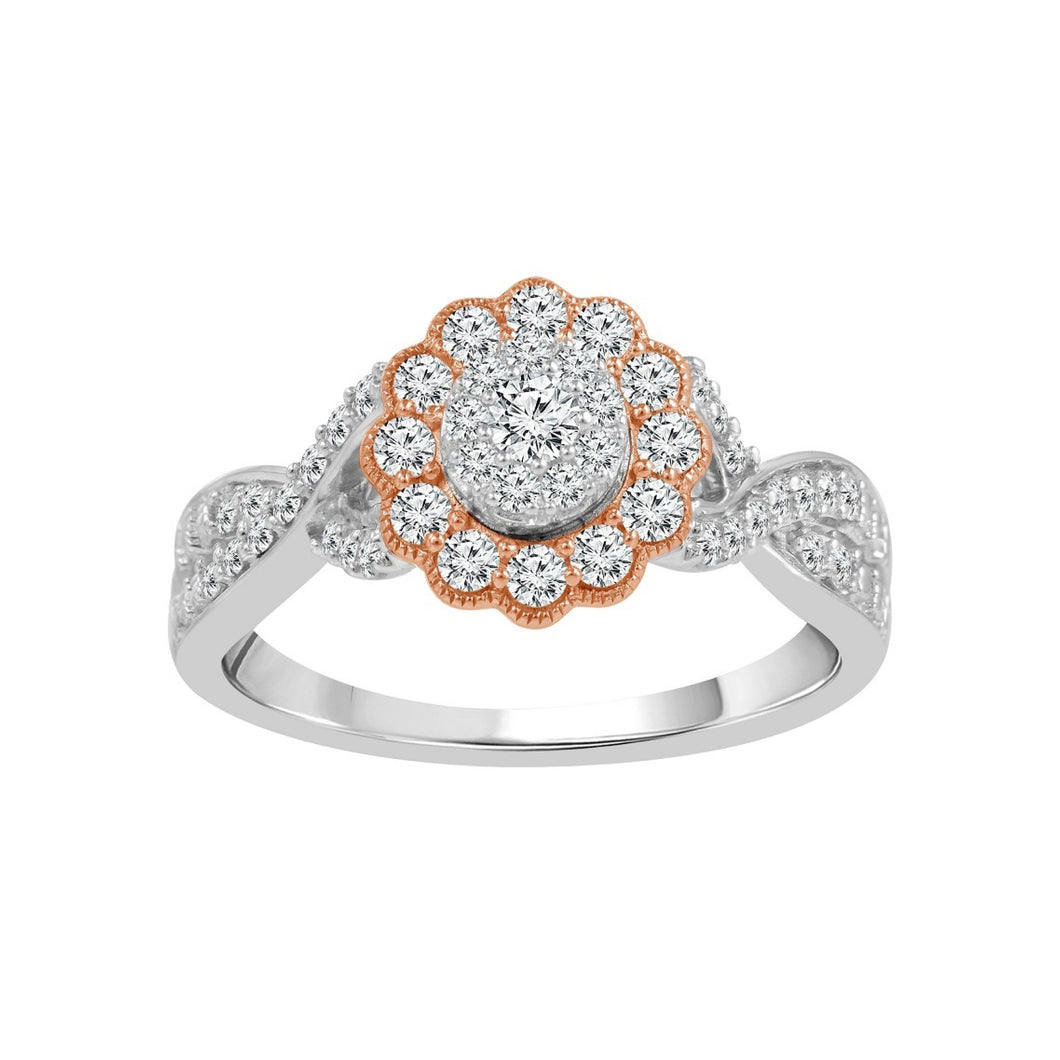 14K White and Rose Gold 0.25 CTW Diamond Flower Ring with Twist Band