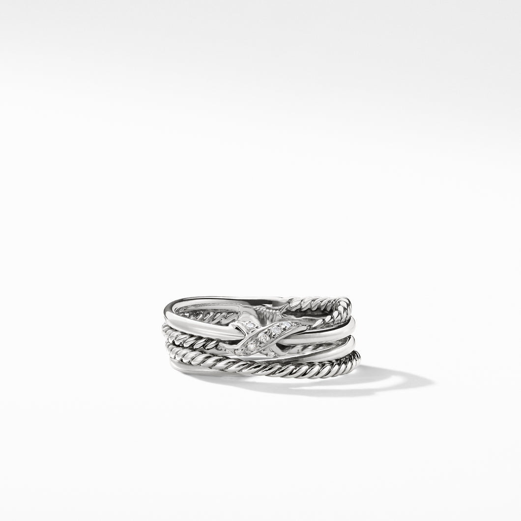 X Crossover Band Ring in Sterling Silver with Pavé© Diamonds